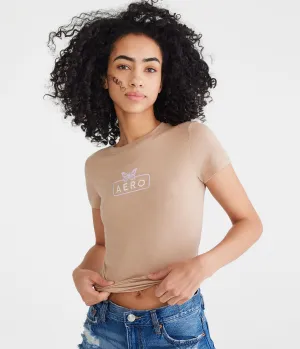 Aeropostale Damen Butterfly Box Logo Grafik T-Shirt - Khaki - Größe XL - Baumwolle - Teen Mode & Bekleidung Natürlich Aeropostale