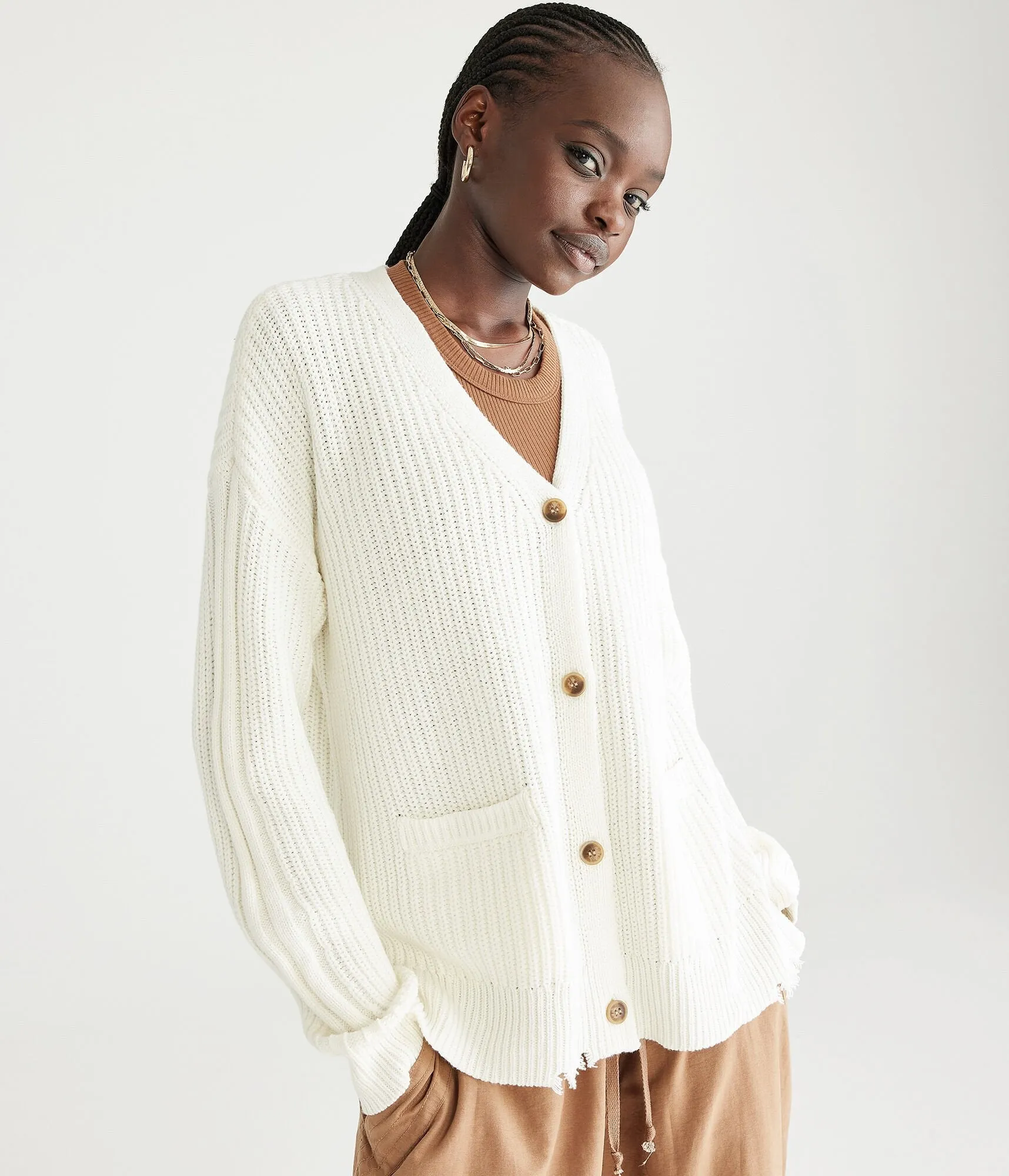 Aeropostale Damen Rippstrick Cardigan mit Used-Optik - Weiß - Größe L - Baumwolle - Teenager-Mode & Bekleidung Tiefes Elfenbein Aeropostale