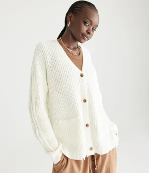 Aeropostale Damen Rippstrick Cardigan mit Used-Optik - Weiß - Größe L - Baumwolle - Teenager-Mode & Bekleidung Tiefes Elfenbein Aeropostale