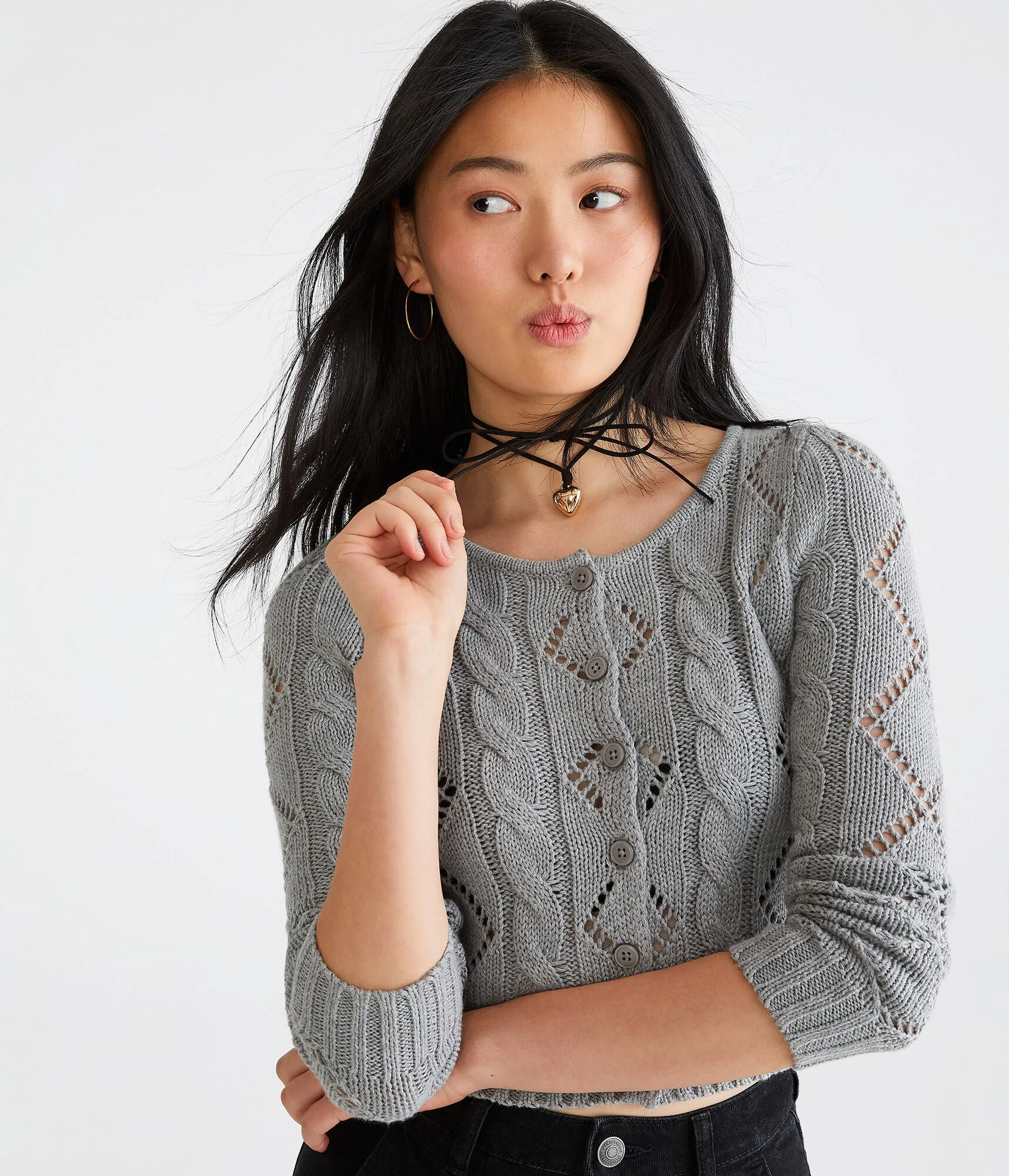 Aeropostale Damen Langarm Crop Pointelle Cardigan - Grau - Größe XS - Baumwolle - Teen Mode & Kleidung Med Hthr Grau Aeropostale