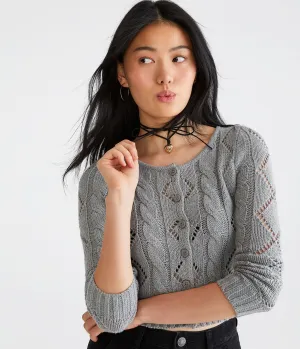 Aeropostale Damen Langarm Crop Pointelle Cardigan - Grau - Größe XS - Baumwolle - Teen Mode & Kleidung Med Hthr Grau Aeropostale