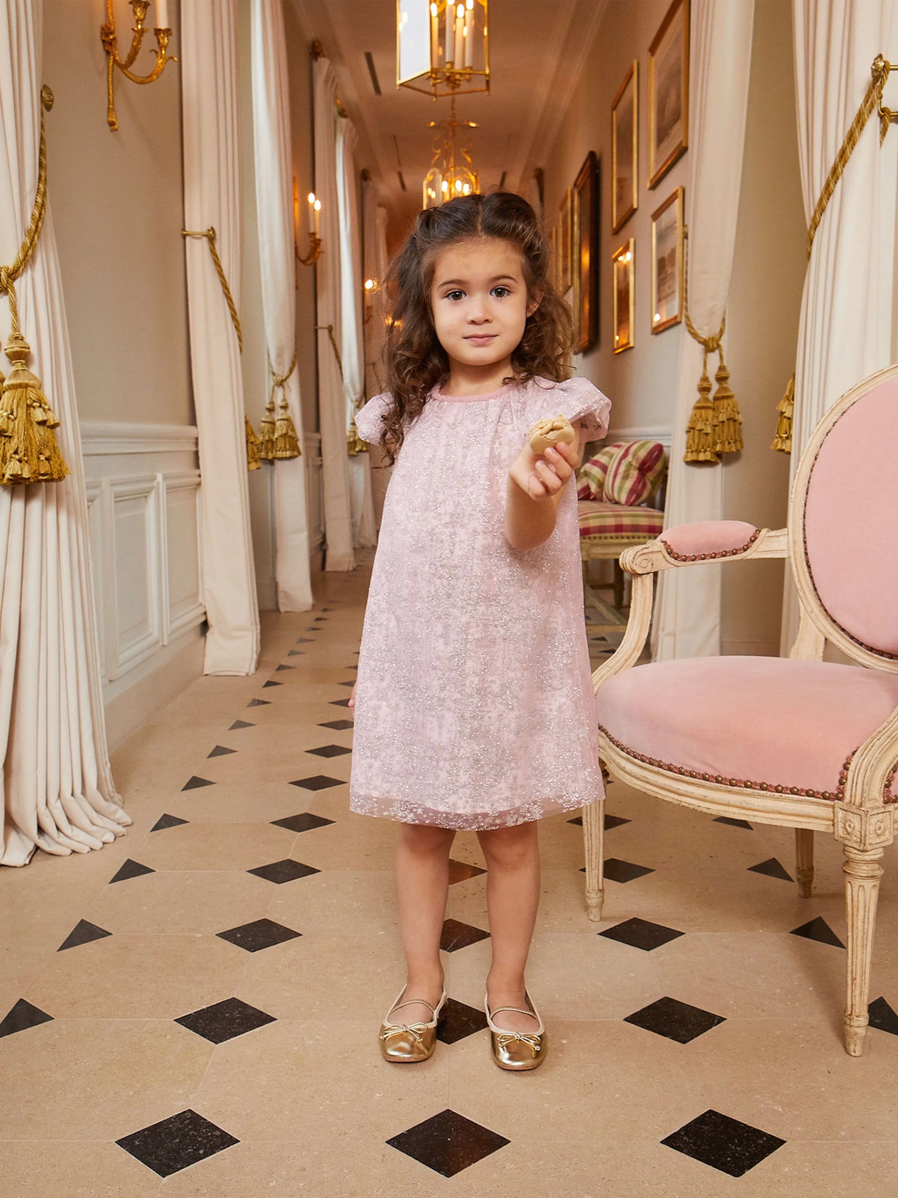 Atelier Choux Baby Girls Glitzer Toile de Jouy Kleid in Rosa