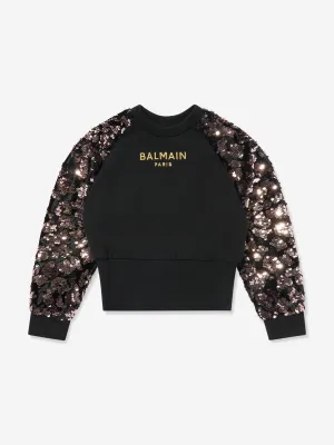Balmain Mädchen Pailletten-Ärmel Sweatshirt in Schwarz