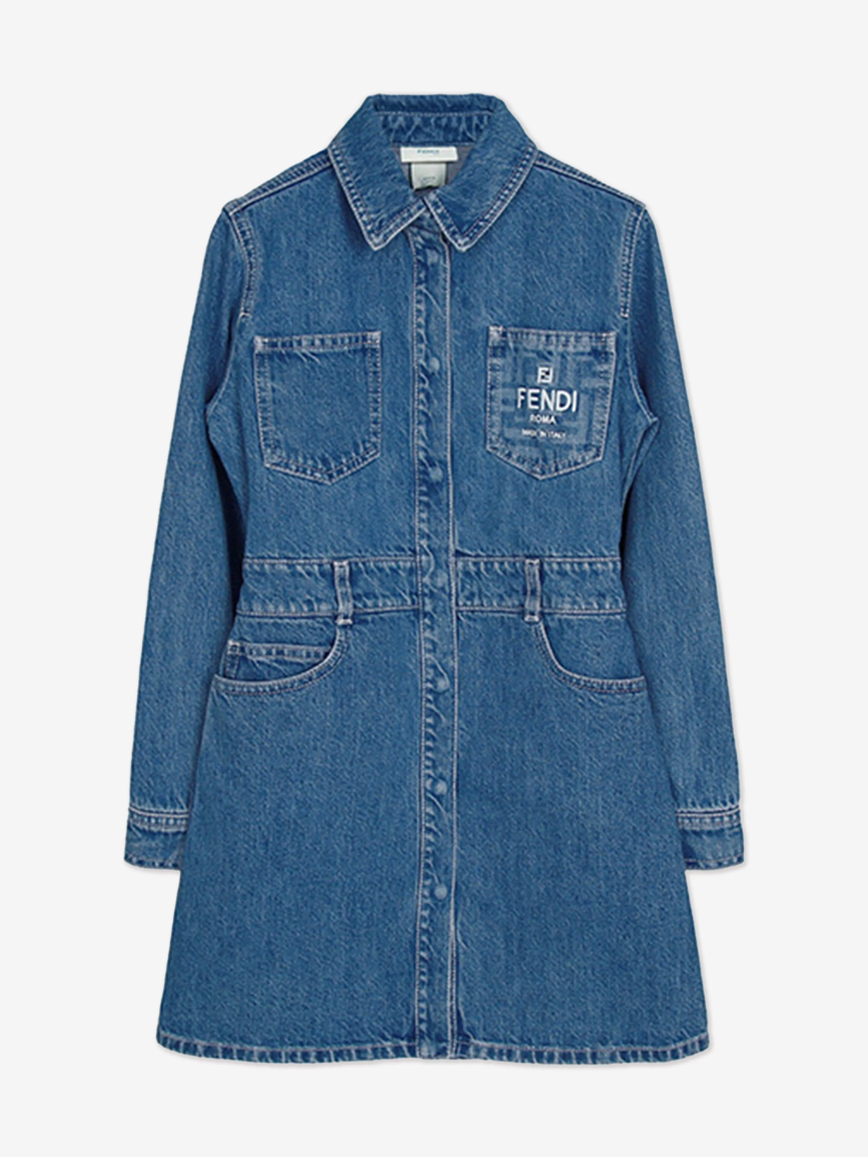 Fendi Girls Denim FF Logo Hemdkleid in Blau