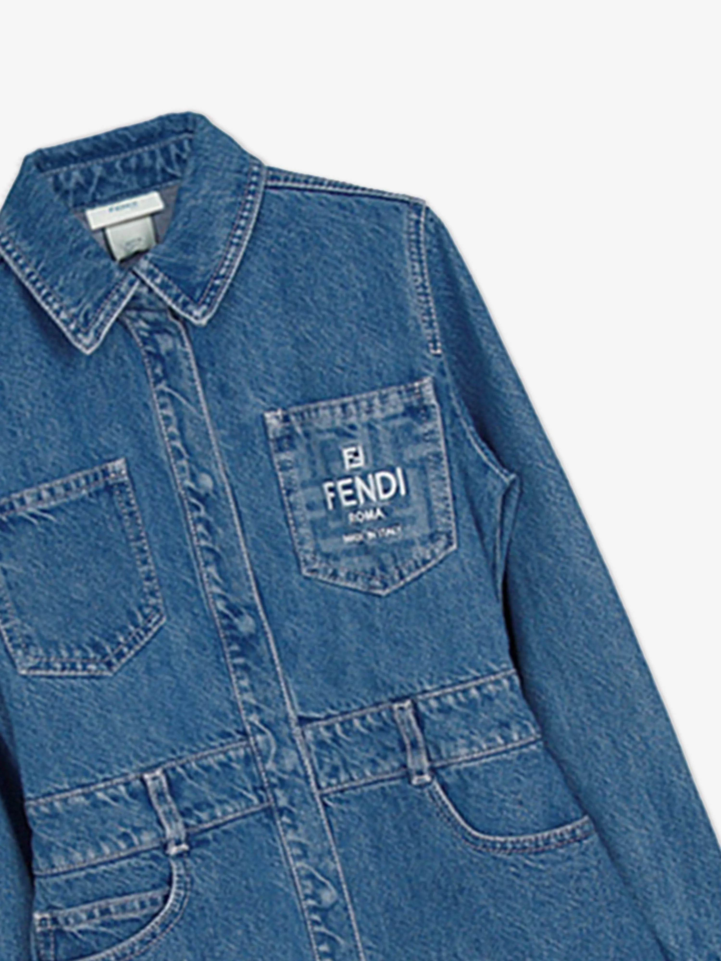 Fendi Girls Denim FF Logo Hemdkleid in Blau