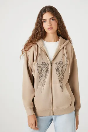 Forever 21 Damen Kapuzenpullover mit Schleifen- und Pfeil-Motiv Reißverschluss Braun/Mehrfarbig Forever 21
