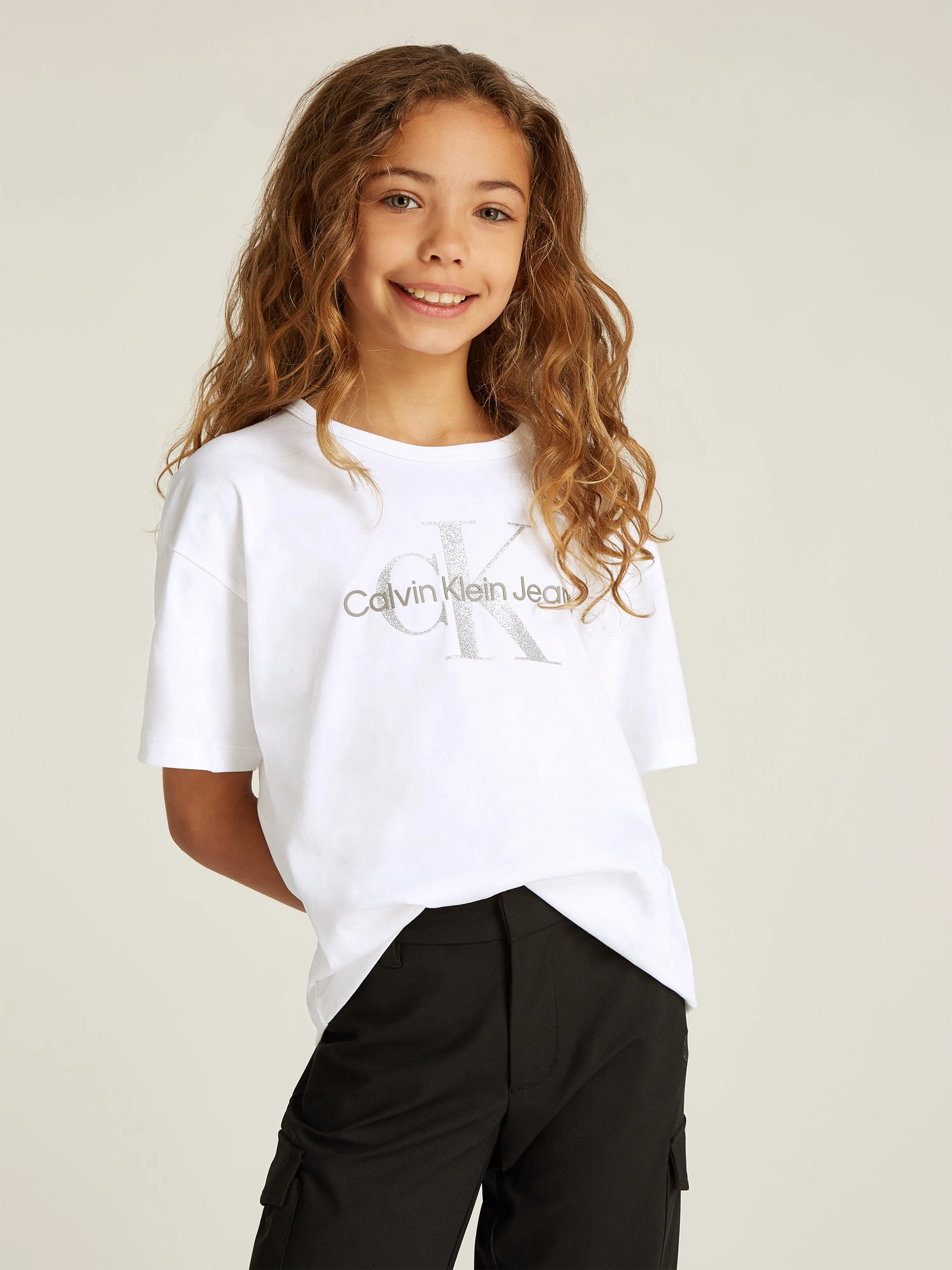 Mädchen Glitzer Monologo T-Shirt in Weiß