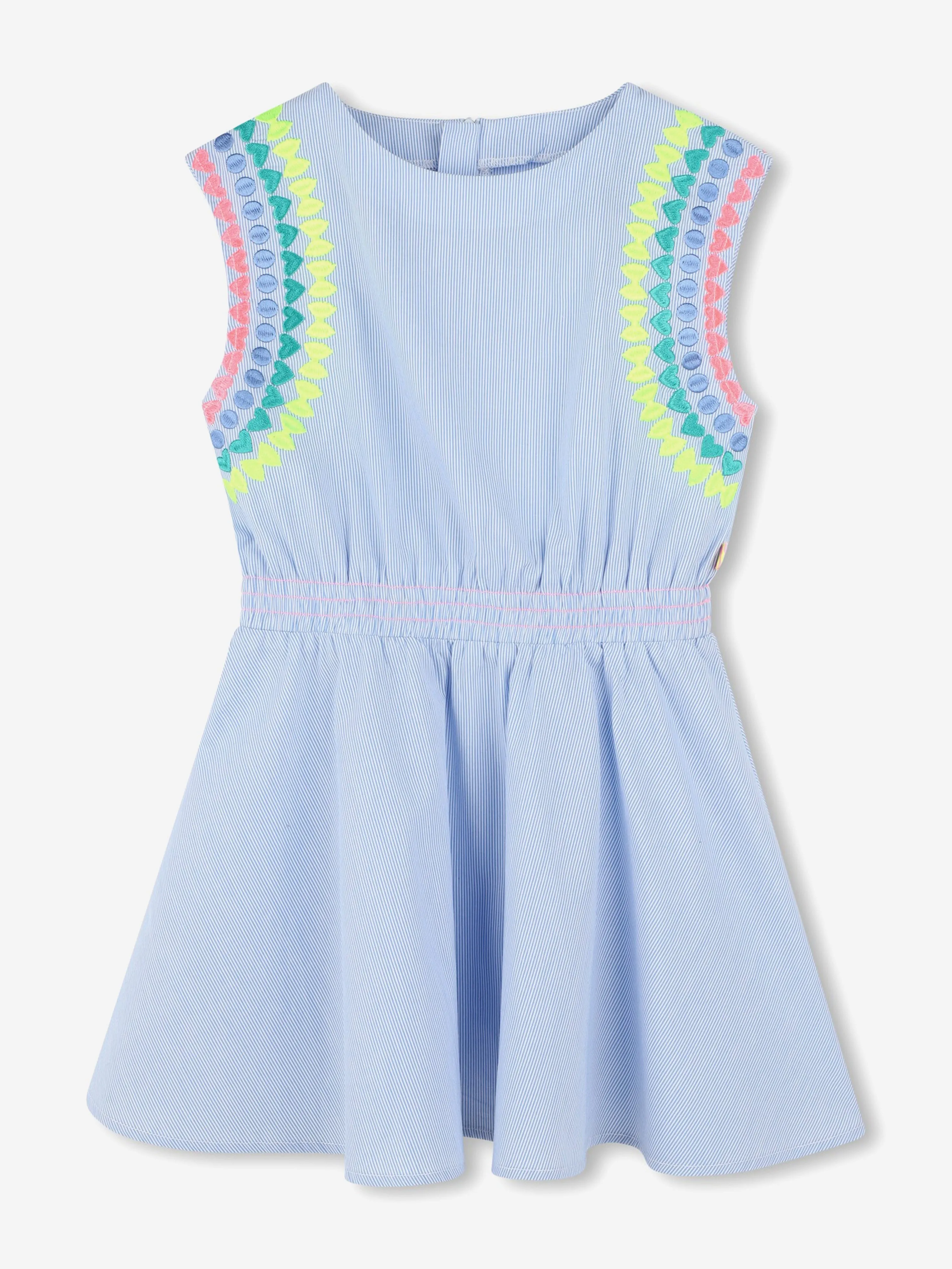 Mädchen Gestreiftes Besticktes Kleid in Blau