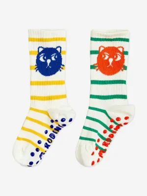 Kinder Katze Gestreift 2er-Pack Anti-Rutsch-Socken in Mehrfarben
