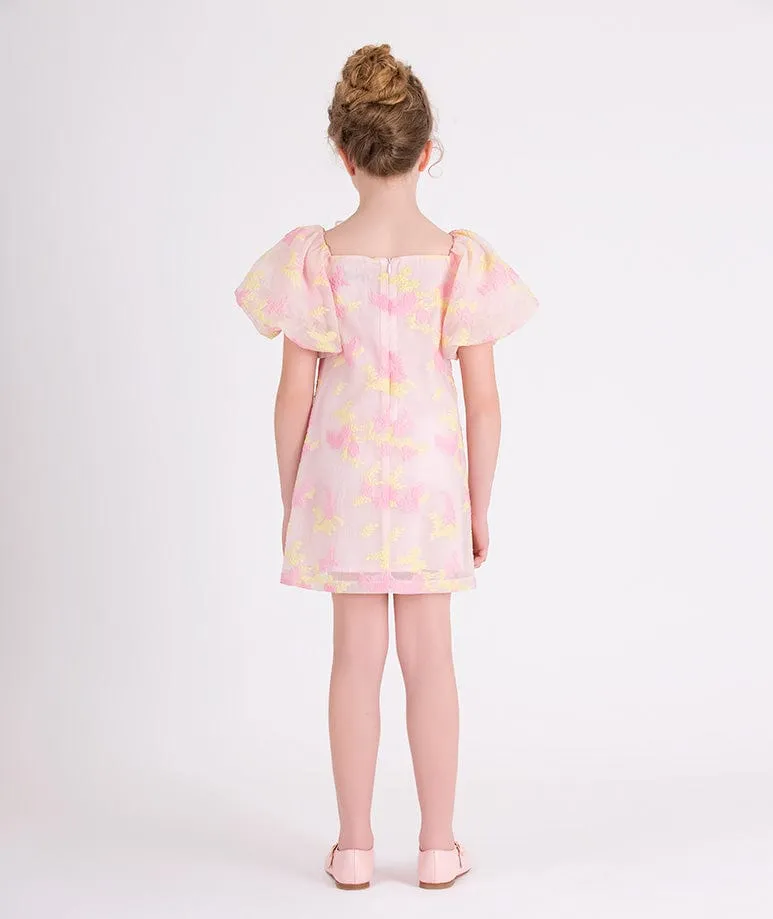 Mama Luma Mädchen Ballonärmel Jacquard Organza Kleid in Rosa