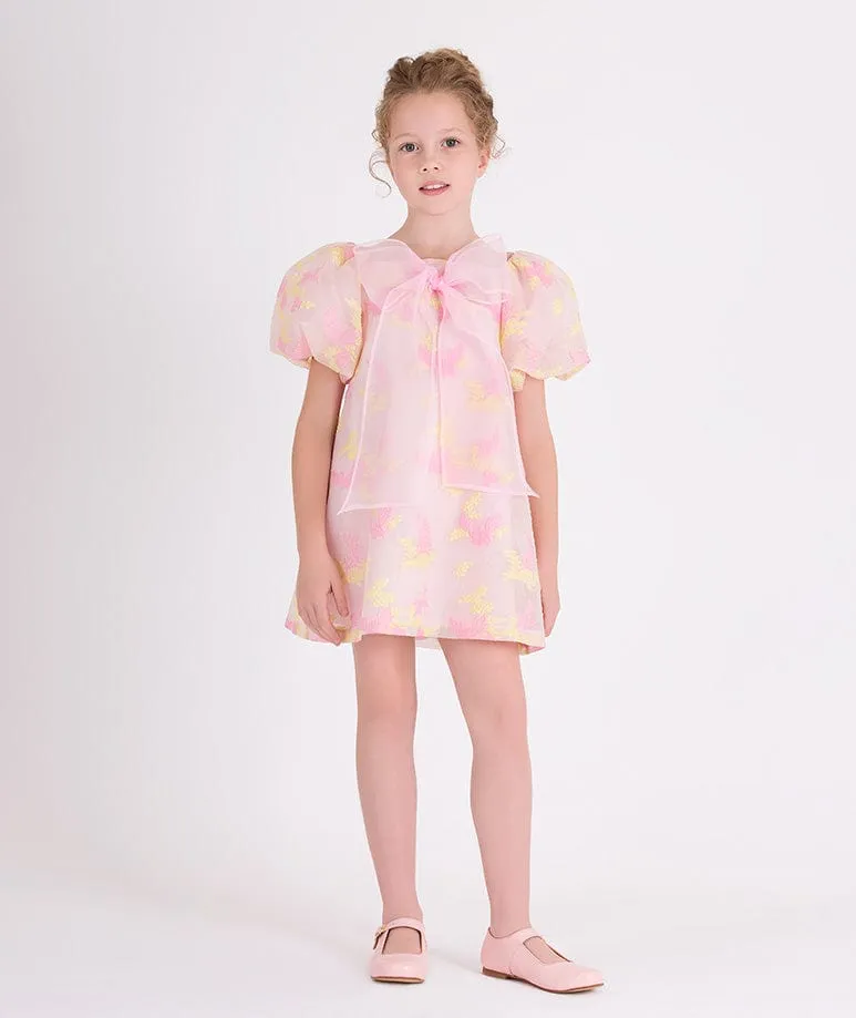 Mama Luma Mädchen Ballonärmel Jacquard Organza Kleid in Rosa