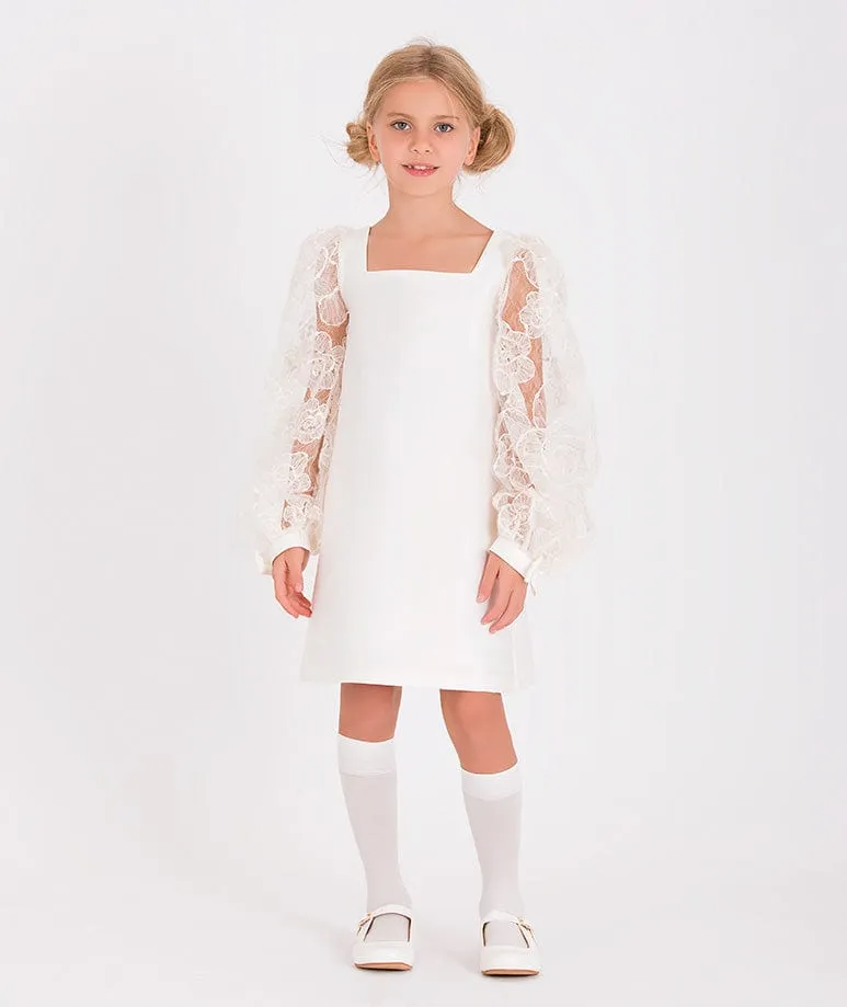 Mama Luma Mädchen Organza Blumenärmel Kleid in Weiß