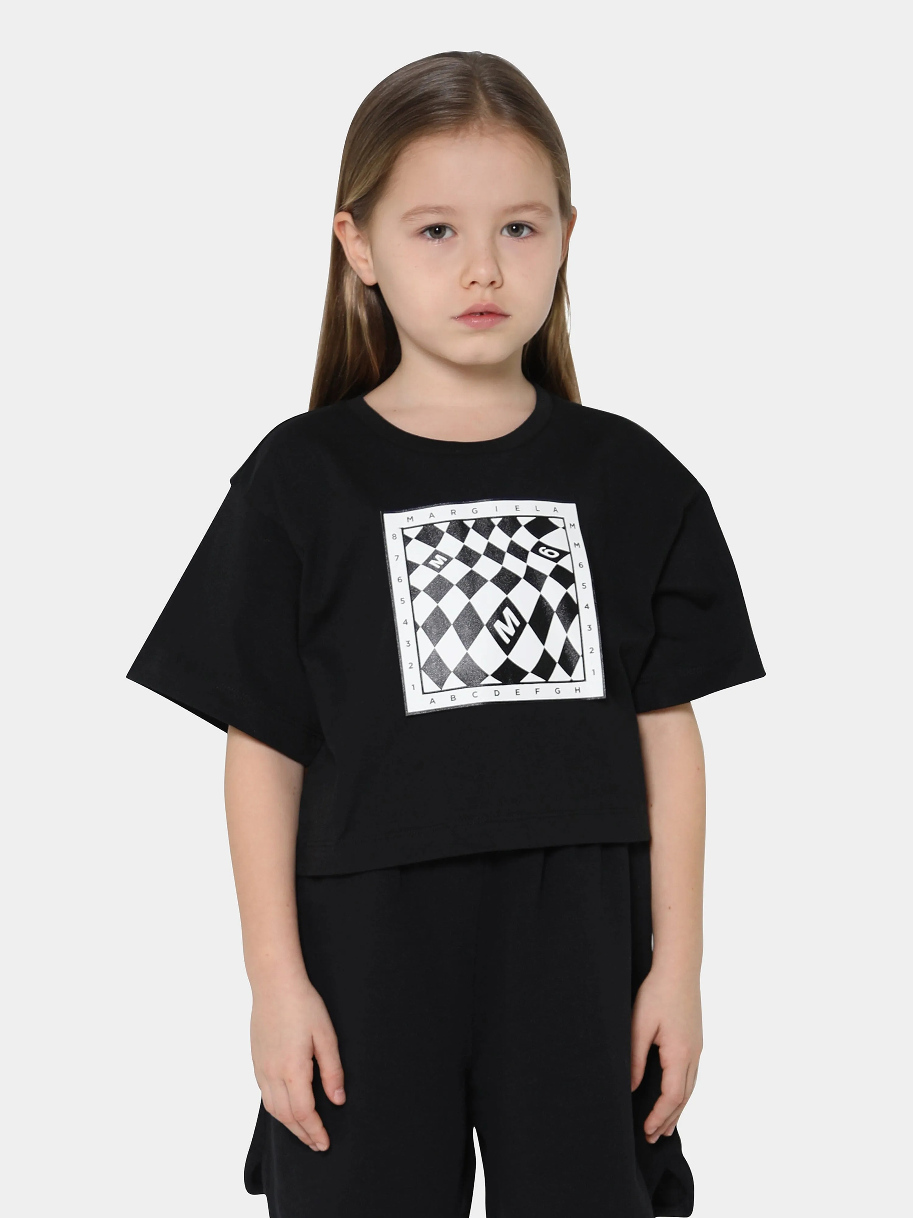 MM6 Maison Margiela Kids Cropped Logo Print T-Shirt in Schwarz