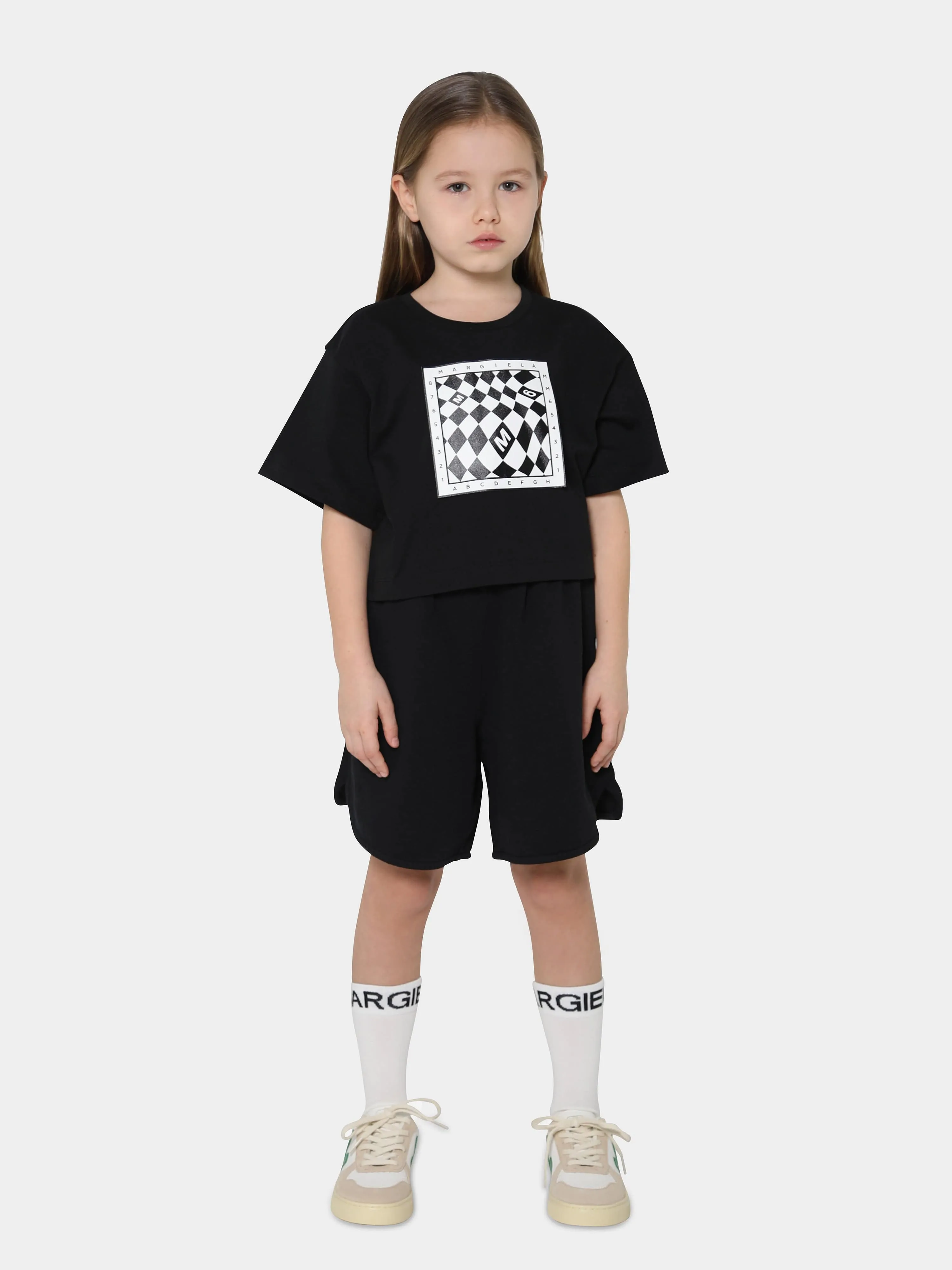 MM6 Maison Margiela Kids Cropped Logo Print T-Shirt in Schwarz