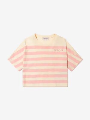 Moncler Enfant Mädchen Gestreiftes Logo T-Shirt in Creme