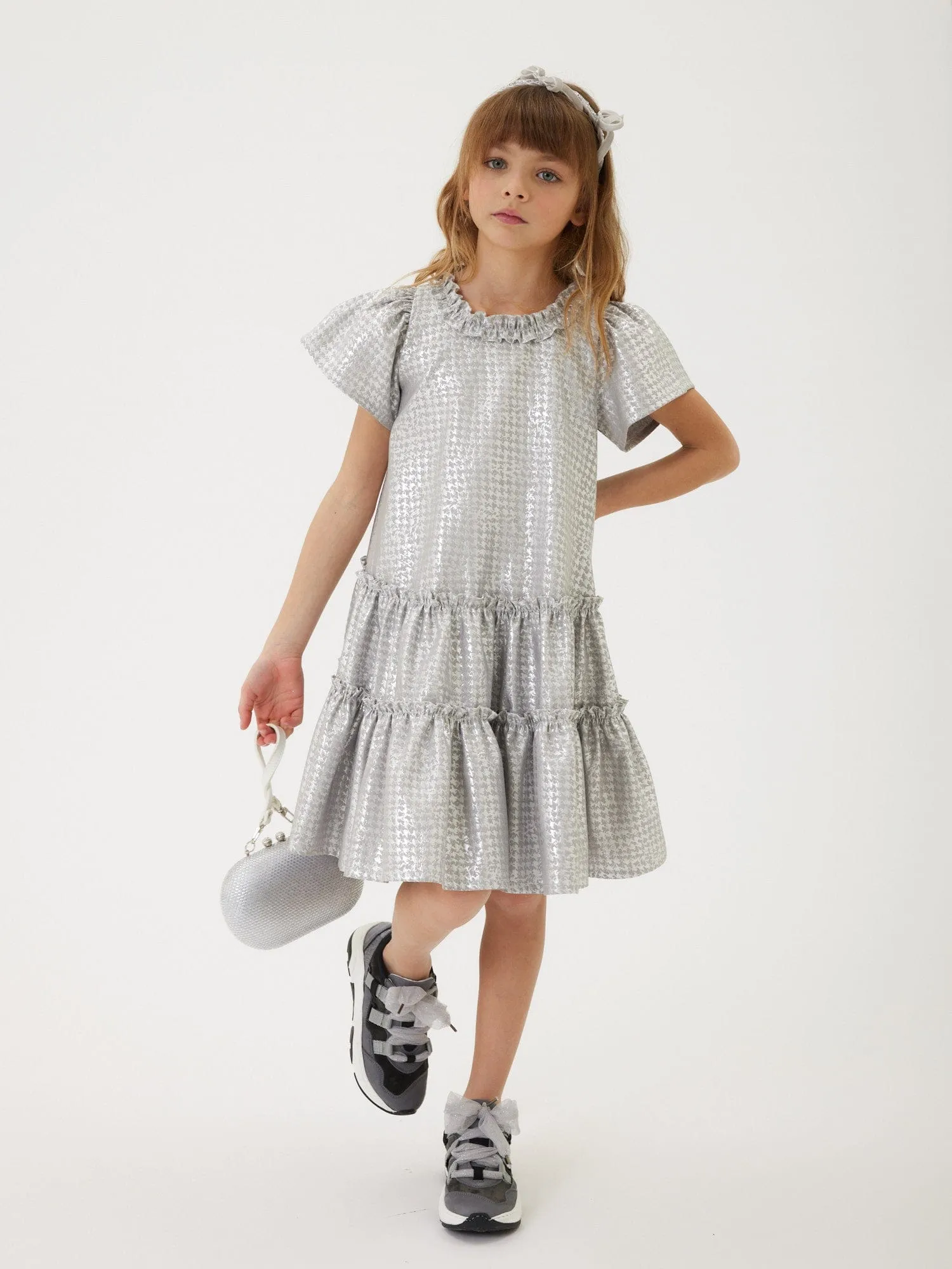 Monnalisa Mädchen Houndstooth Jacquard Kleid in Silber