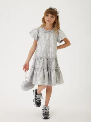Monnalisa Mädchen Houndstooth Jacquard Kleid in Silber