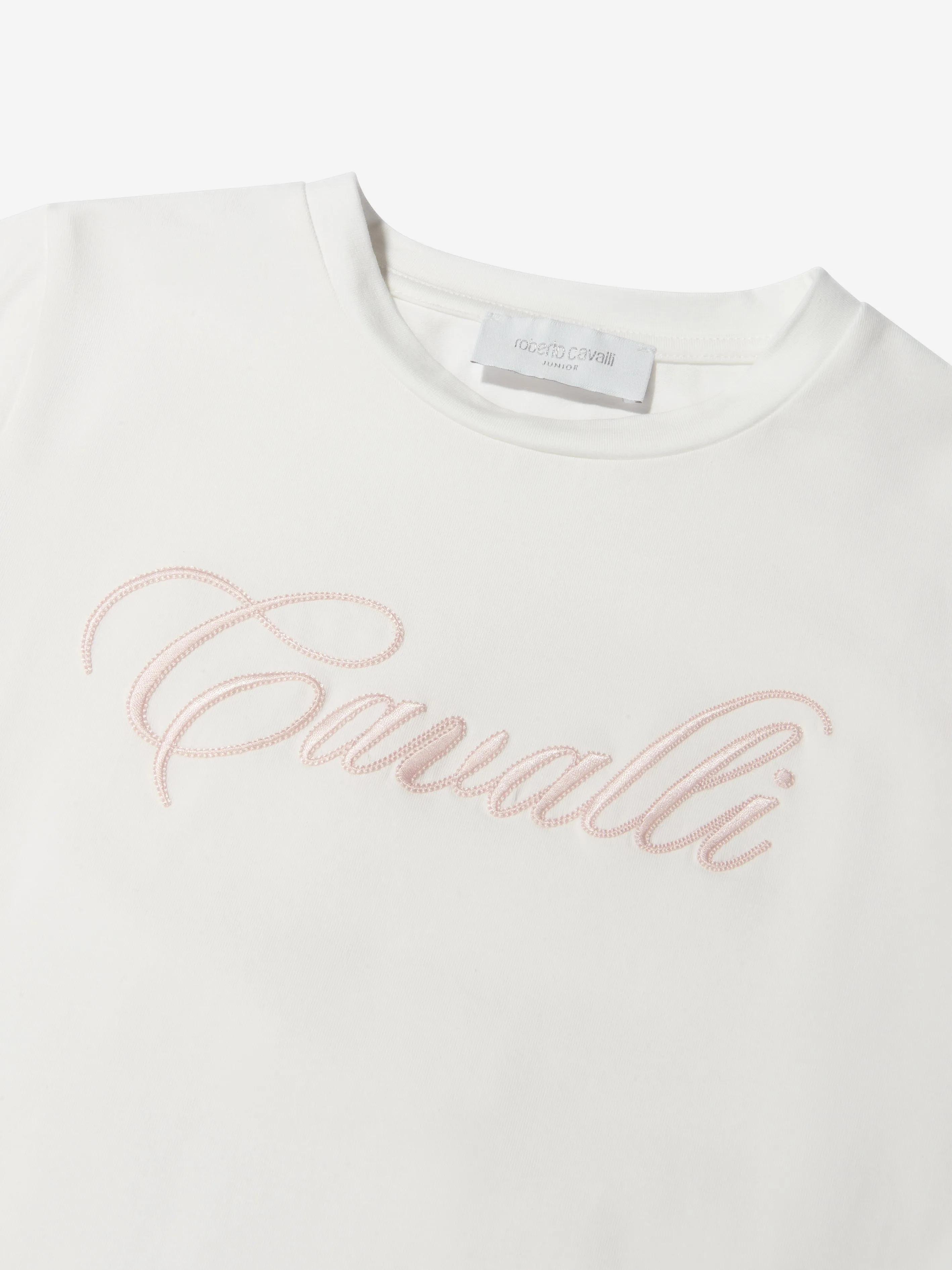 Roberto Cavalli Mädchen Baumwoll-Logo T-Shirt mit Spitzenbesatz