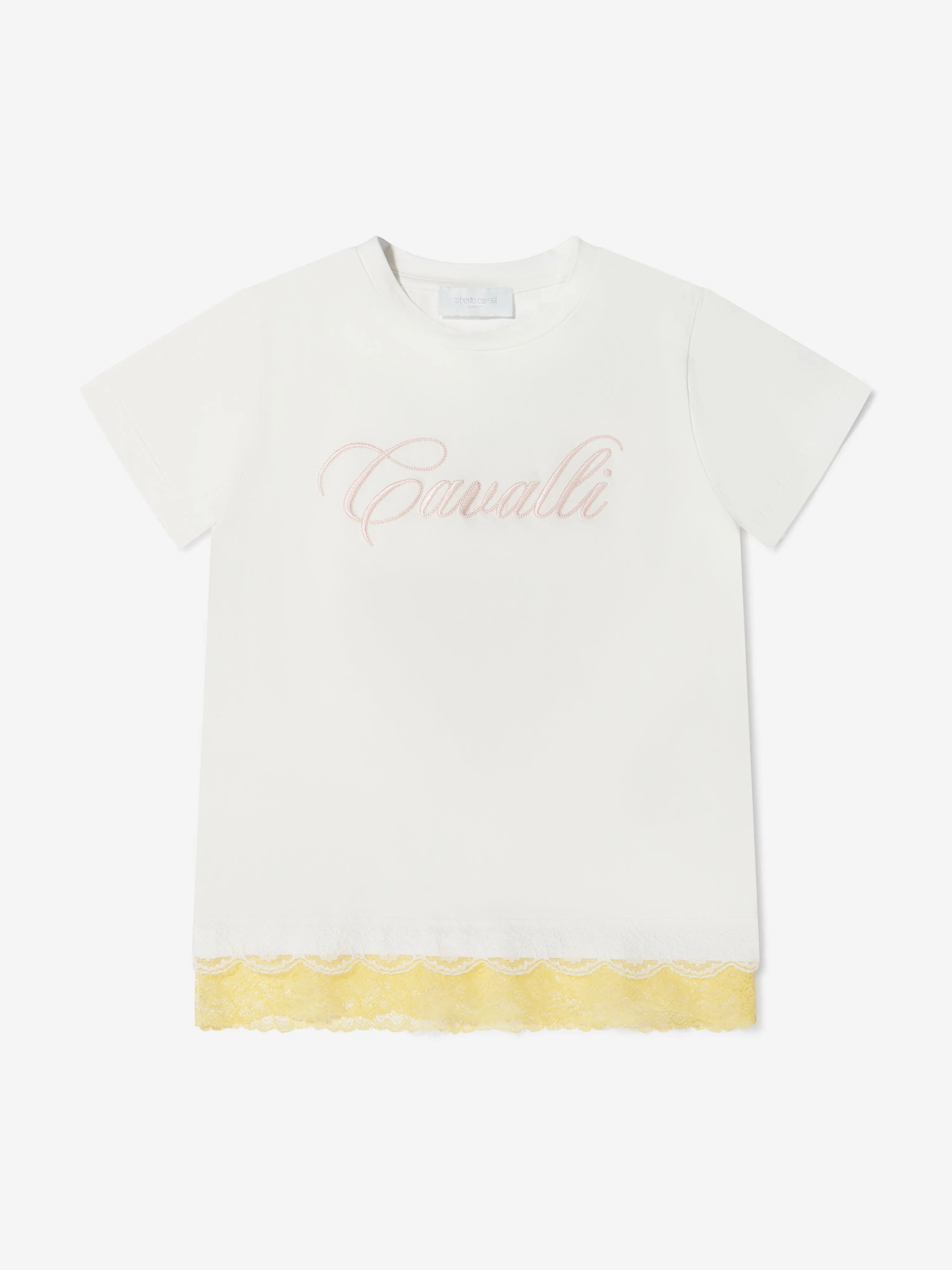 Roberto Cavalli Mädchen Baumwoll-Logo T-Shirt mit Spitzenbesatz