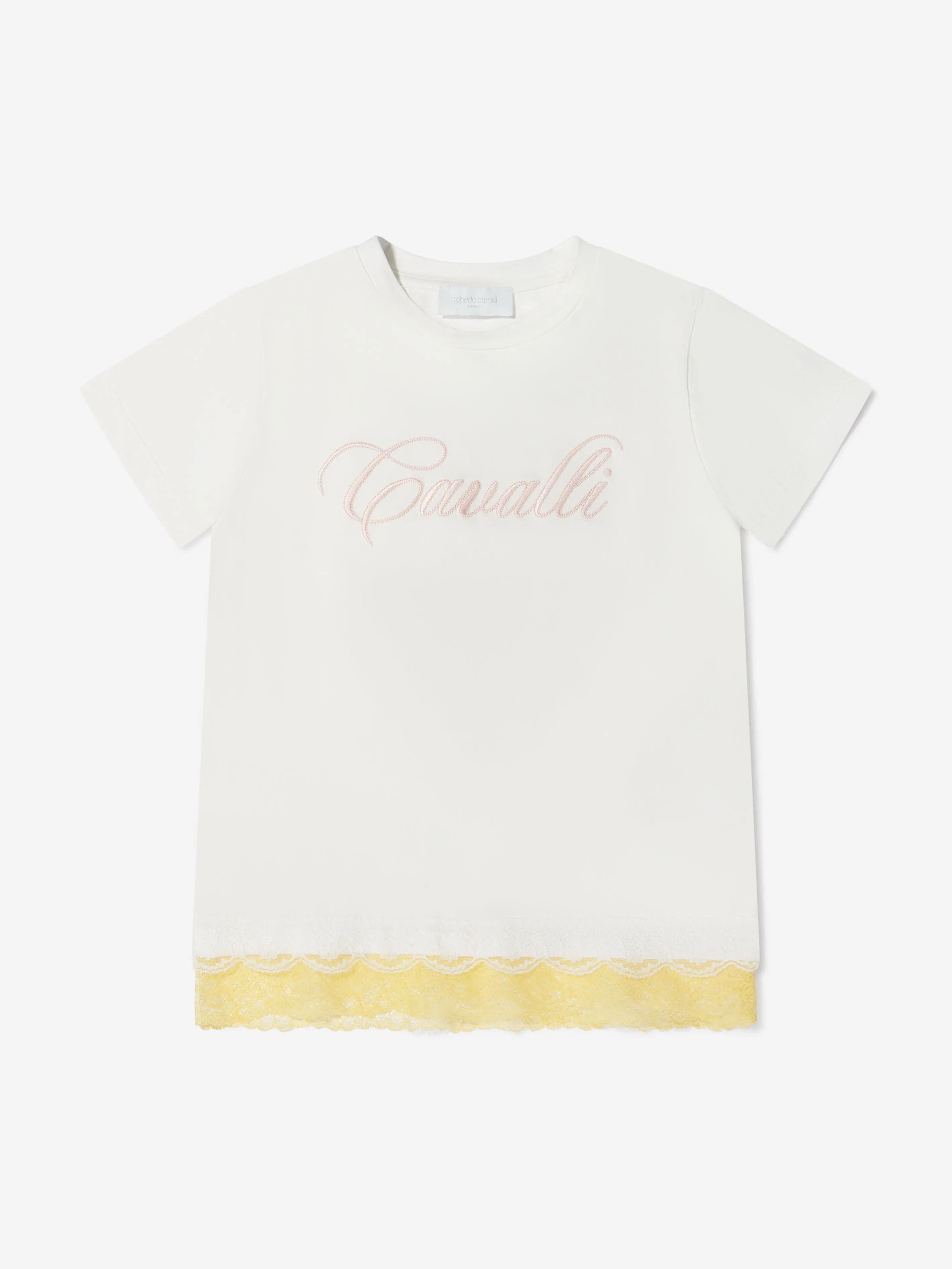 Roberto Cavalli Mädchen Baumwoll-Logo T-Shirt mit Spitzenbesatz