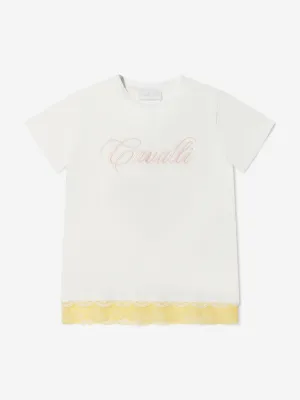 Roberto Cavalli Mädchen Baumwoll-Logo T-Shirt mit Spitzenbesatz