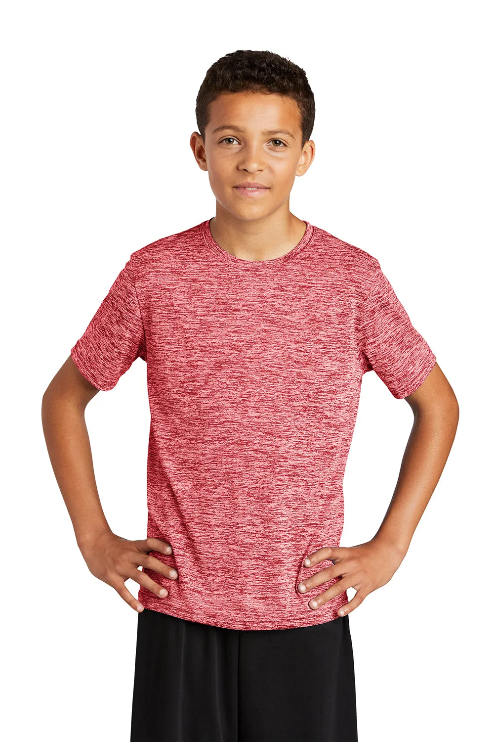 Sport-Tek Jugendliche Elektrisch Heather Feuchtigkeitstransportierendes Kurzarm-Crewneck-T-Shirt - Tiefrot Elektrisch - Ausverkauf