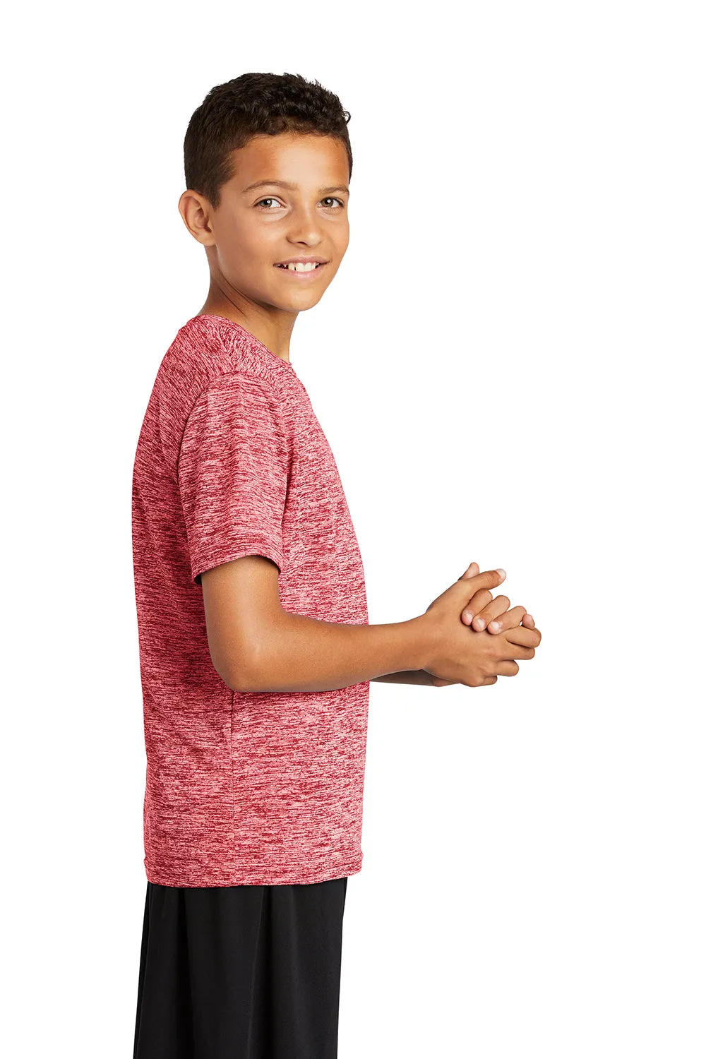 Sport-Tek Jugendliche Elektrisch Heather Feuchtigkeitstransportierendes Kurzarm-Crewneck-T-Shirt - Tiefrot Elektrisch - Ausverkauf