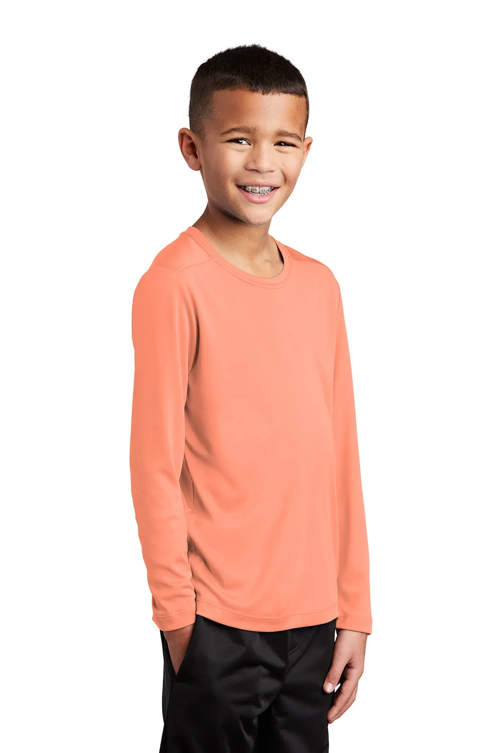 Sport-Tek Jugend Feuchtigkeitstransportierendes Langarm-Crewneck T-Shirt - Sanftes Korallenorange