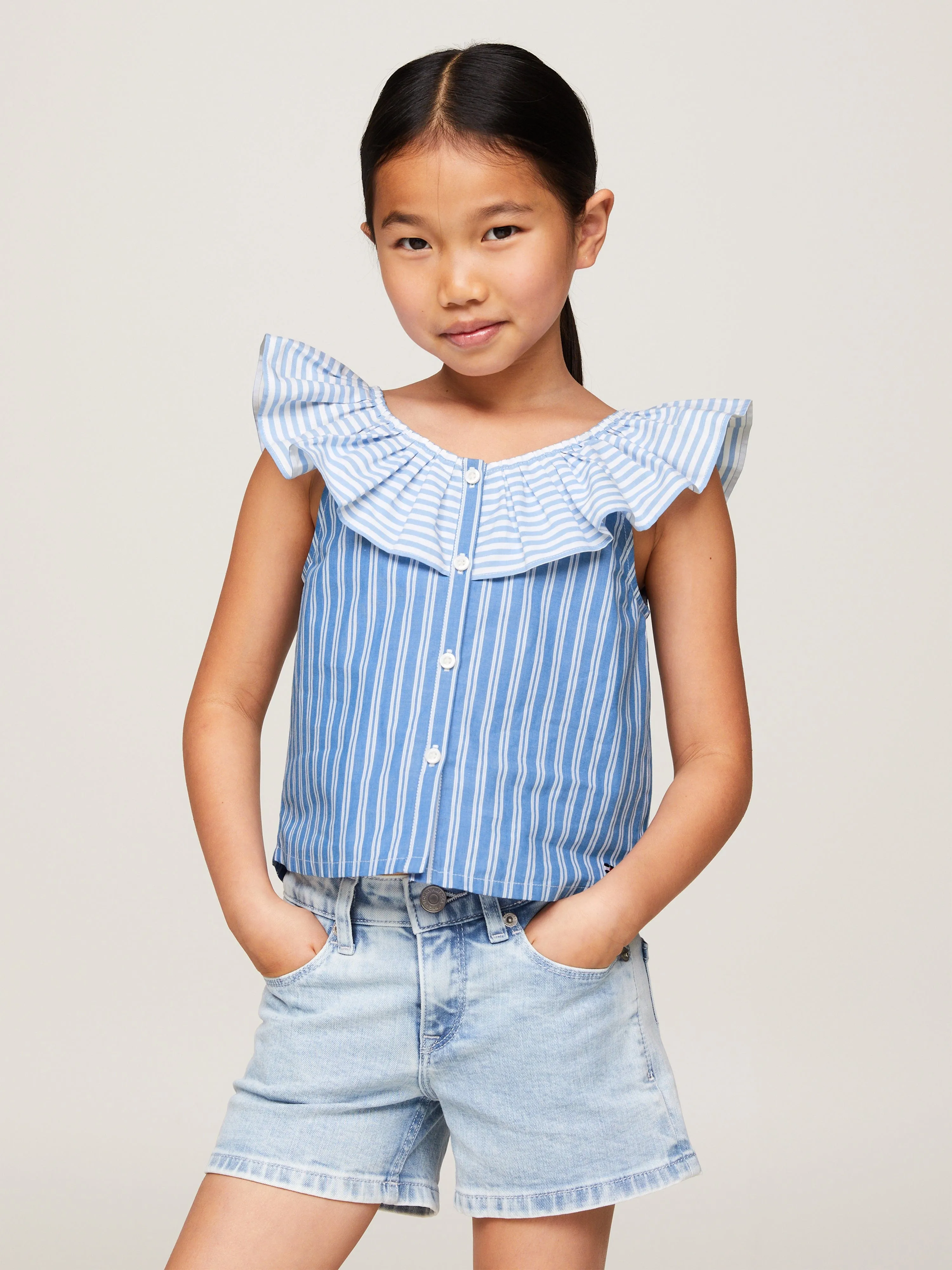 Tommy Hilfiger Mädchen Bluse mit gemischten Streifen und Rüschen in Blau