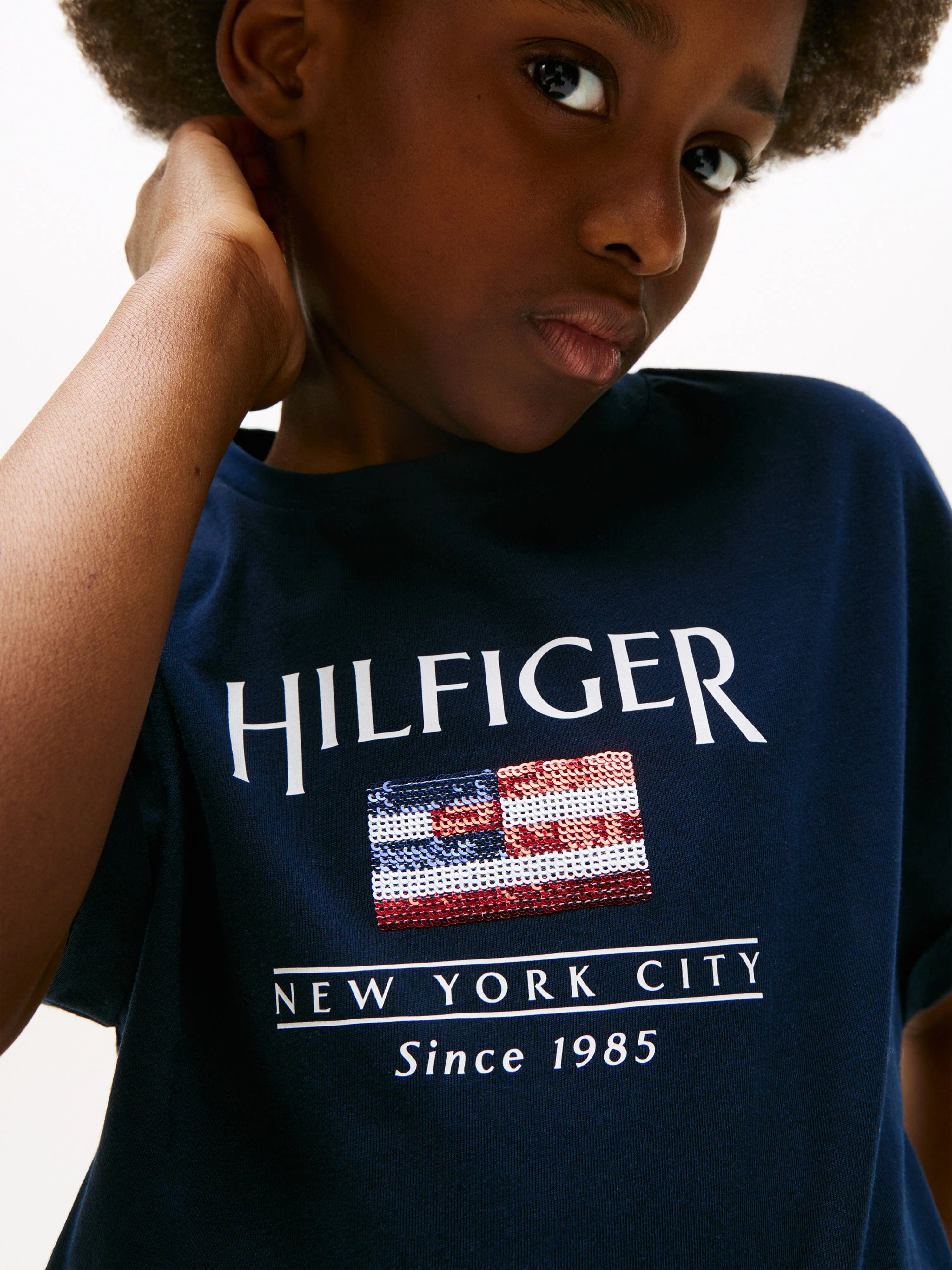 Tommy Hilfiger Mädchen Pailletten Flaggen T-Shirt in Marineblau