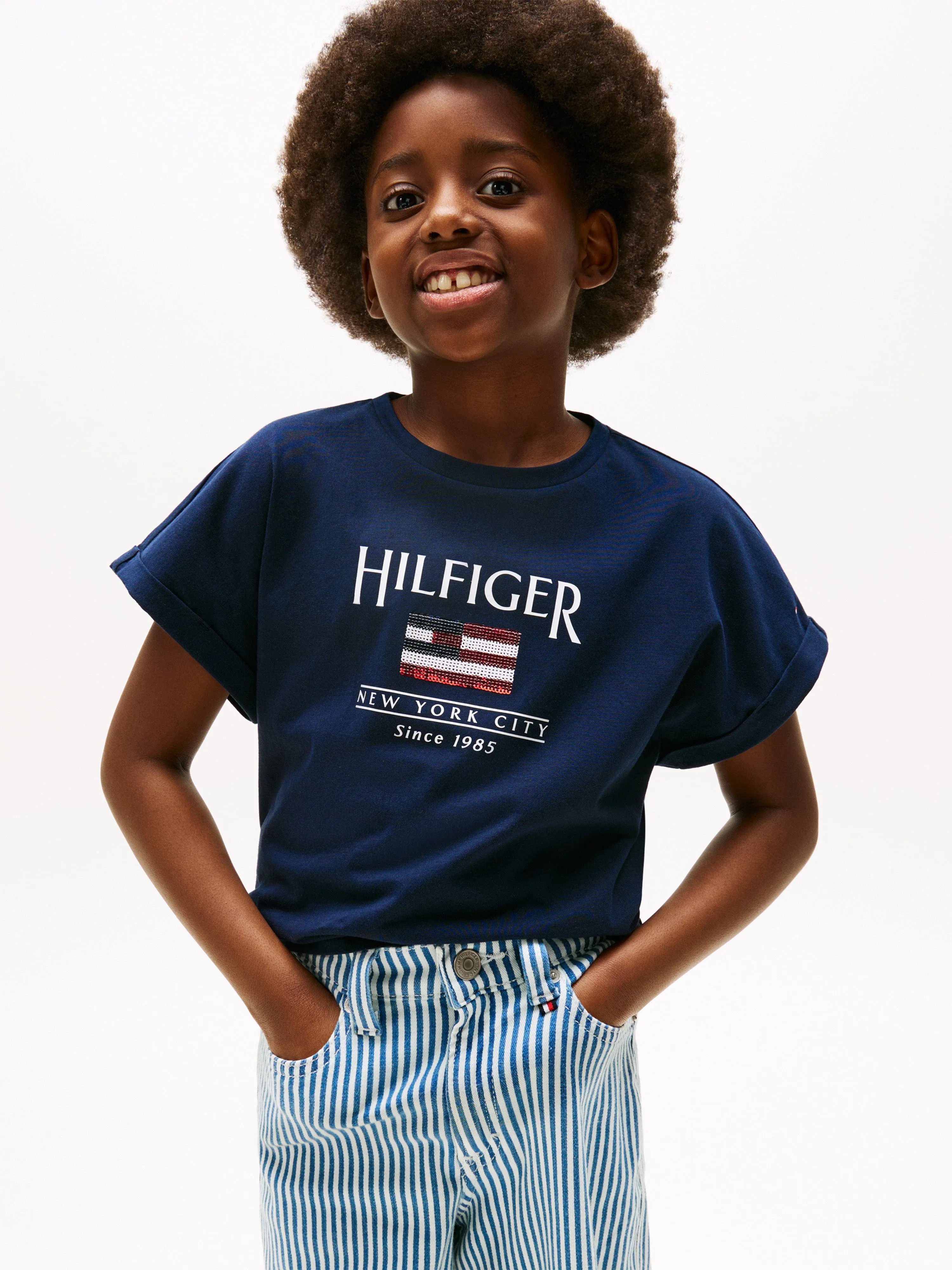 Tommy Hilfiger Mädchen Pailletten Flaggen T-Shirt in Marineblau