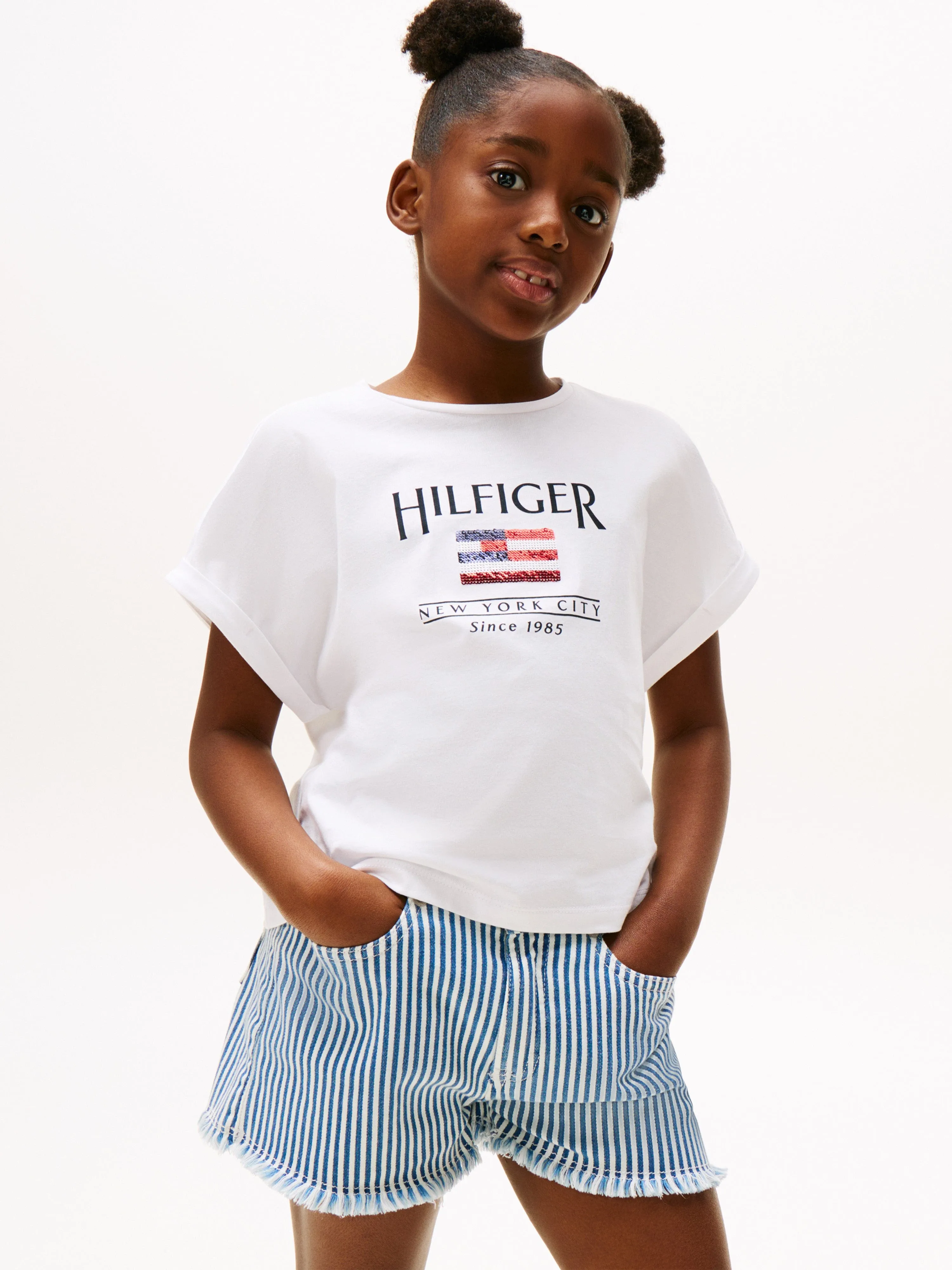 Tommy Hilfiger Mädchen Pailletten Flaggen T-Shirt in Weiß