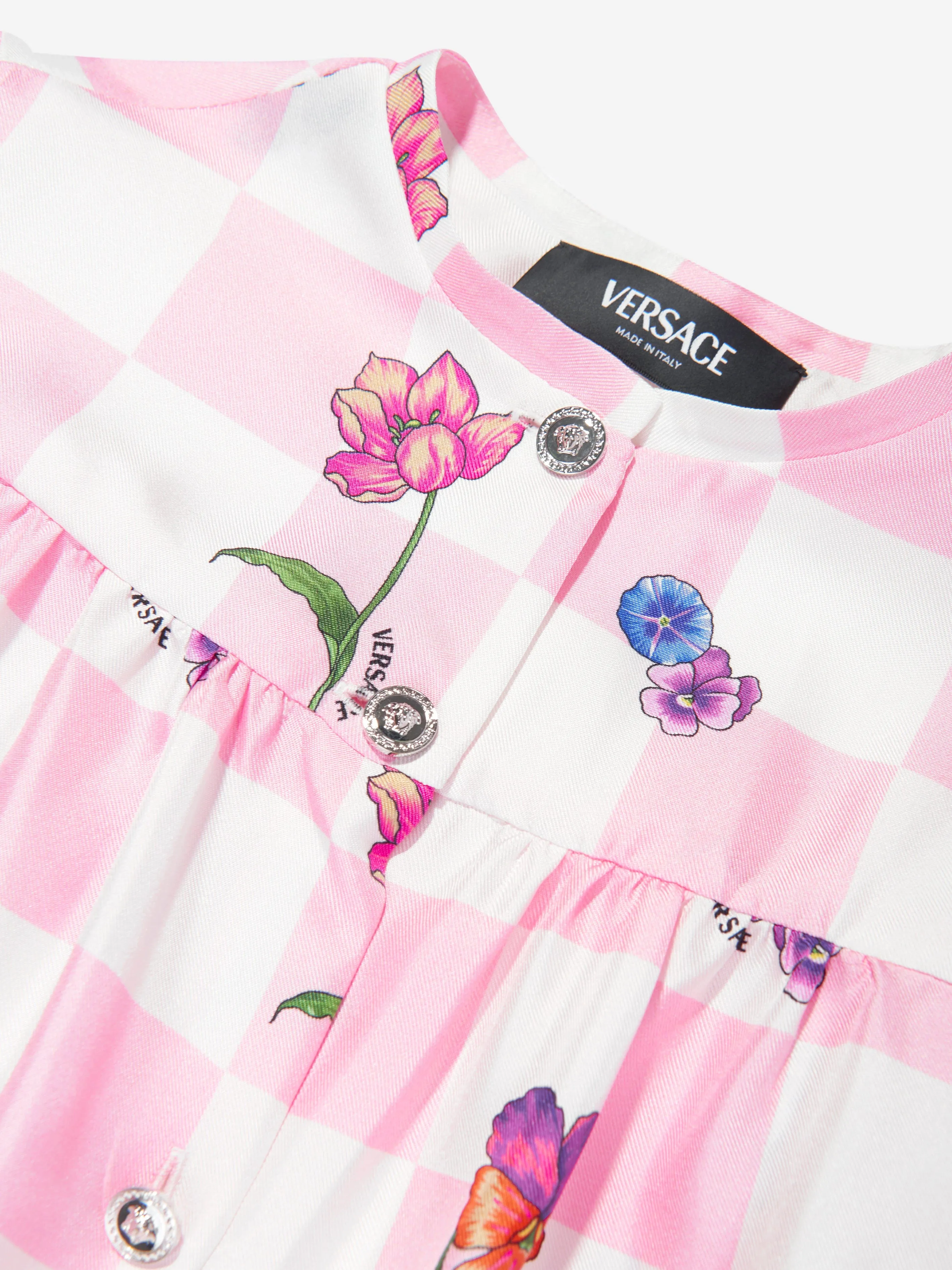 Versace Girls Seiden Damier Blumen Hemdkleid in Rosa