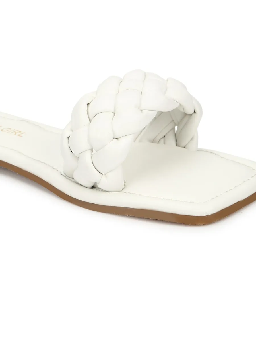 Weiße PU-Steppung-Schlupfschuhe mit Riemchen