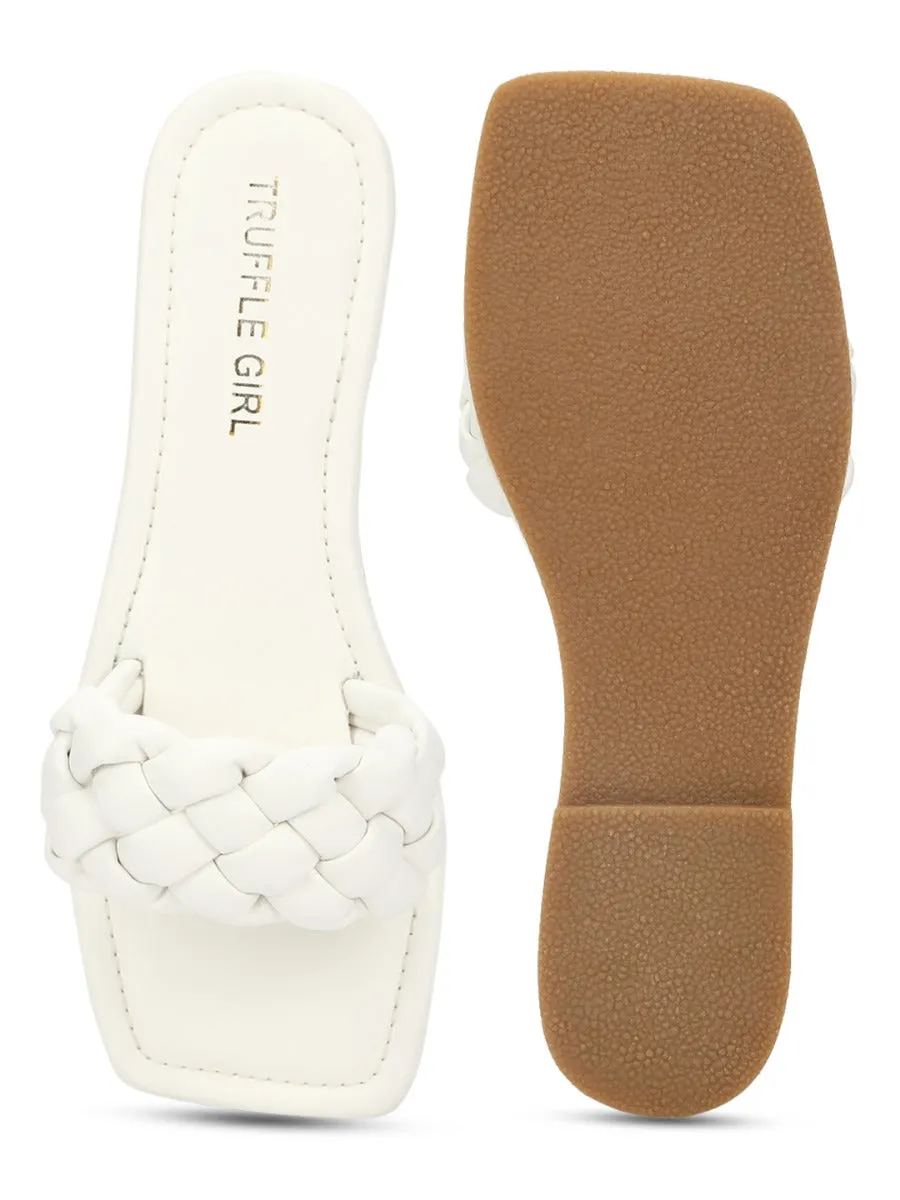 Weiße PU-Steppung-Schlupfschuhe mit Riemchen