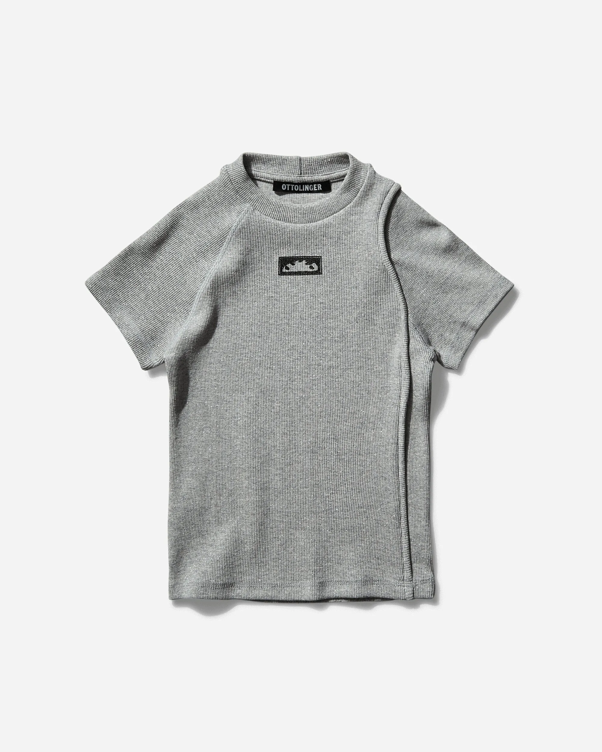 Damen Deconstructed Rippen-T-Shirt Silber Melange
